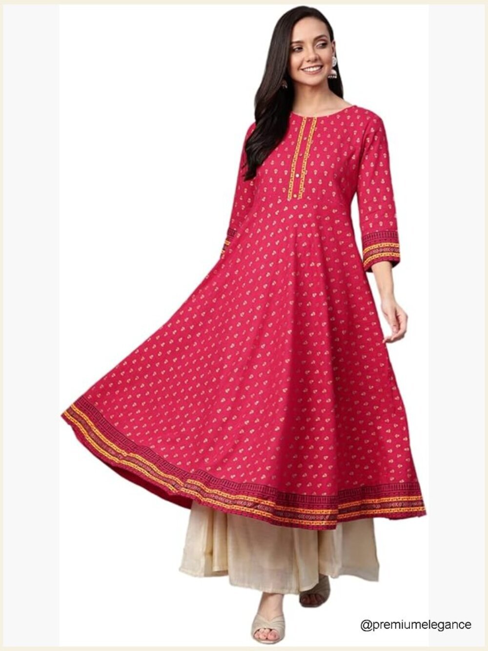 Cotton Slub Printed Anarkali Kurta Summer Tunic 3/4 Sleeve